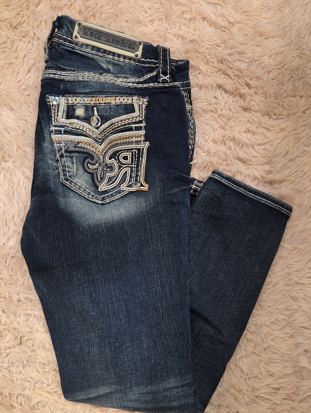 Rock Revival Women's Dark Blue Skinny Jeans with Embellished Back Pocket